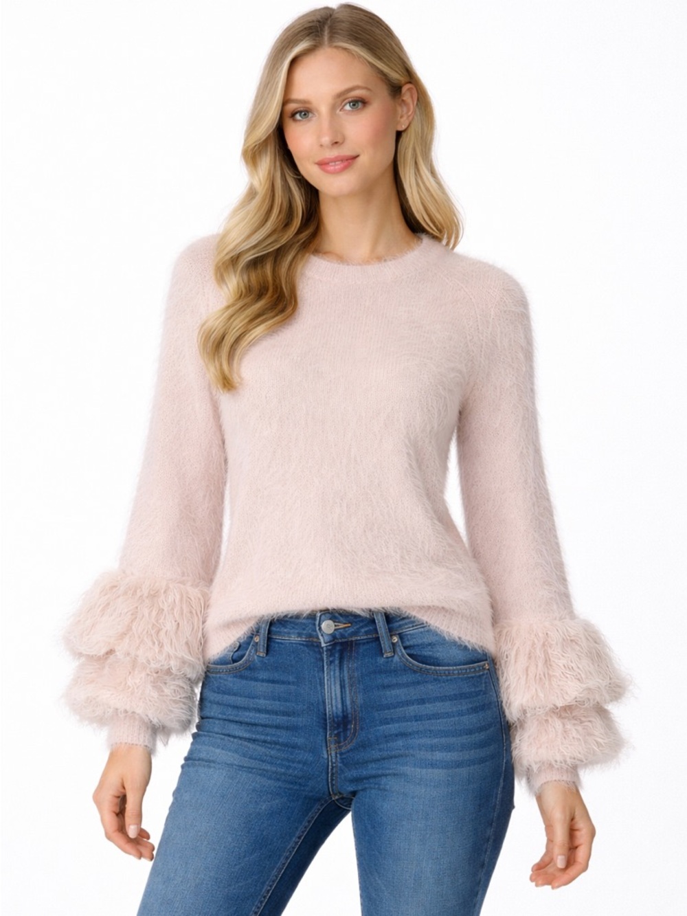NAF NAF Fuzzy Knit Bell Sleeve Sweater Womens Small Pink Ruffle Boho Coquette